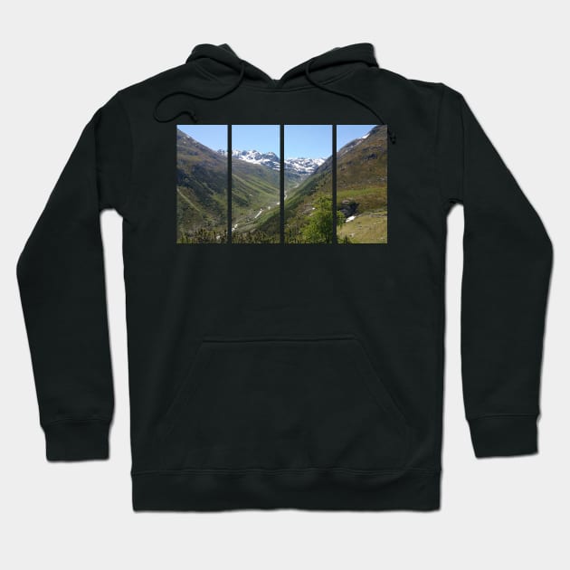 A shot on the move from the driver window of an electric car with snow-covered alps mountains in front of it. Sunny summer day. POV first person view shot on a mountain road. Italy Hoodie by fabbroni-art